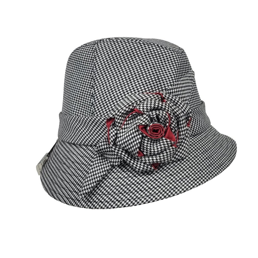 NWT San Diego Hat Co. Houndstooth Fedora Cloche Hat with Rose Black Pink OS